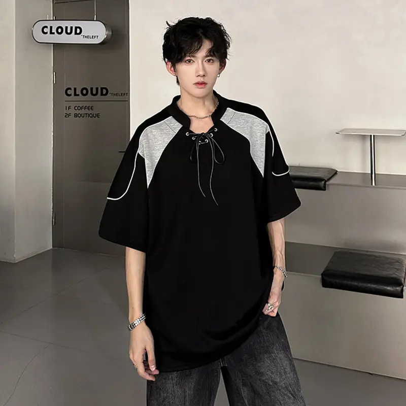 IEFB Drawstring Stand Collar Men's Tees Summer Short Sleeve Patchwork Contrast Color T-shirt Personality Top New Stylish 9W3313