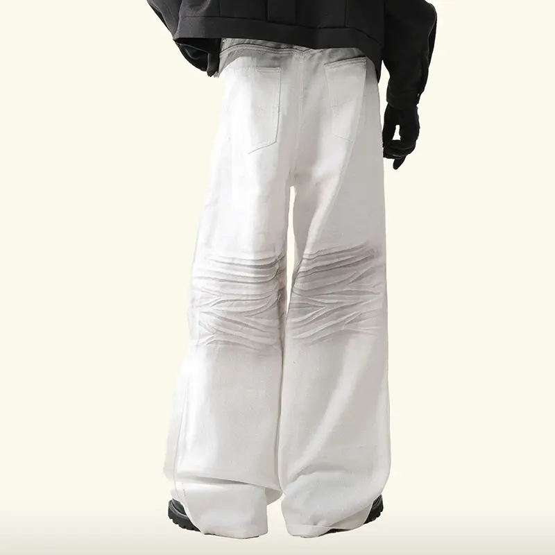 IEFB American Style Men Jeans Three Dimensional Pleated Worn-out Straight Contrast Color Cleanfit Wide-Leg Denim Pants 9W4324