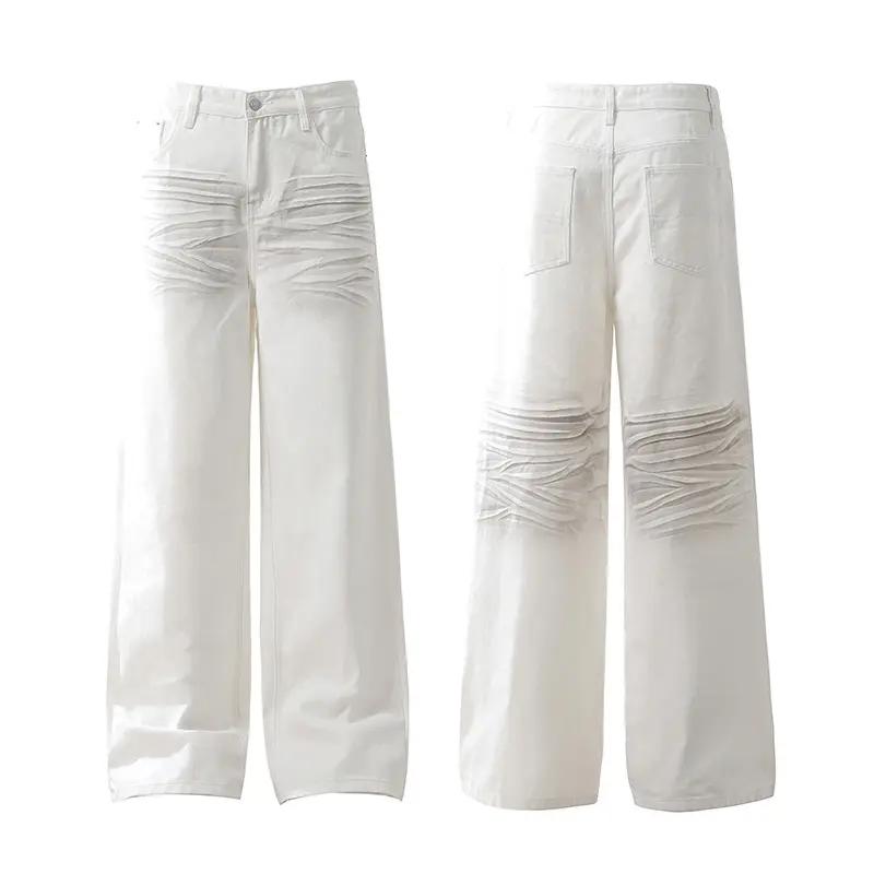 IEFB American Style Men Jeans Three Dimensional Pleated Worn-out Straight Contrast Color Cleanfit Wide-Leg Denim Pants 9W4324