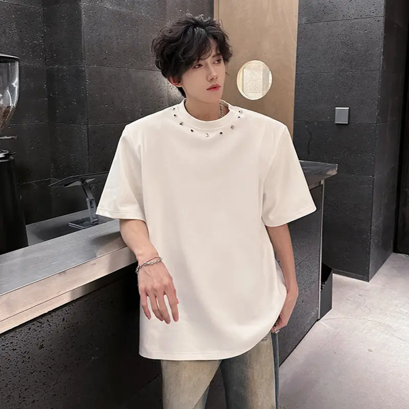 IEFB Korean Style Men's Tees Round Neck Metal Rivets Decoration Solid Color Short Sleeved Loose Shoulder Pad Male T-shirt 9W3851