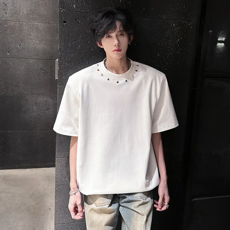 IEFB Korean Style Men's Tees Round Neck Metal Rivets Decoration Solid Color Short Sleeved Loose Shoulder Pad Male T-shirt 9W3851