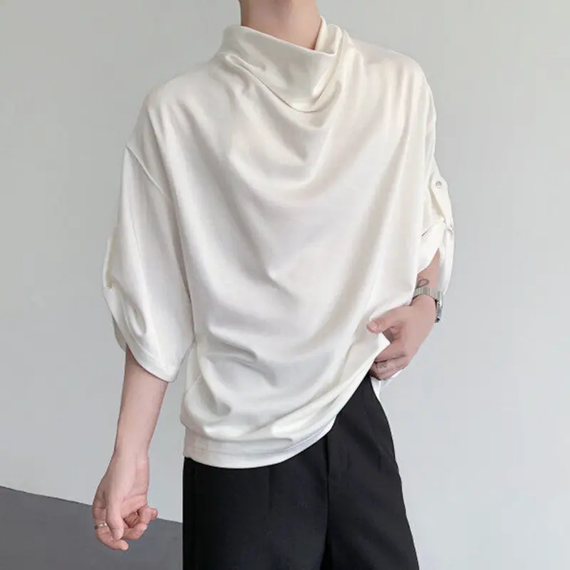 IEFB Korean Style New Chic Men's Top Loose Pile Collar White Short Sleeve T-shirt Solid Color Summer Male Tees 2025 9W3680