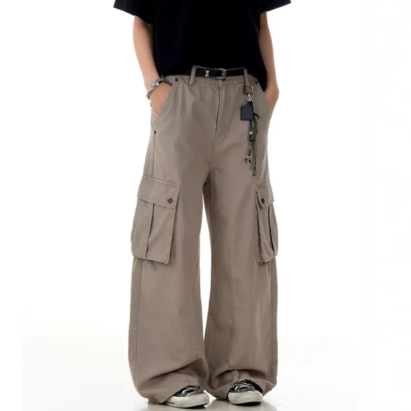 IEFB New Trendy Men's Cargo Pants Casual Multi Pockets Drape Solid Color Straight Bottom Wide Leg Male Trousers American 9W2978