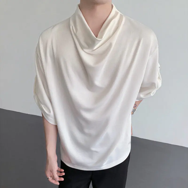 IEFB Korean Style New Chic Men's Top Loose Pile Collar White Short Sleeve T-shirt Solid Color Summer Male Tees 2025 9W3680