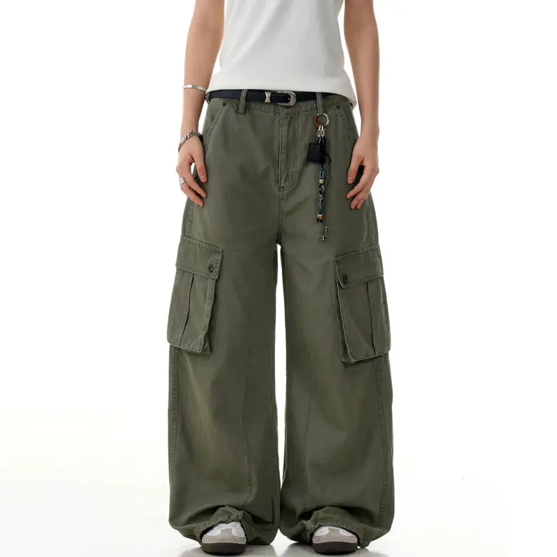 IEFB New Trendy Men's Cargo Pants Casual Multi Pockets Drape Solid Color Straight Bottom Wide Leg Male Trousers American 9W2978