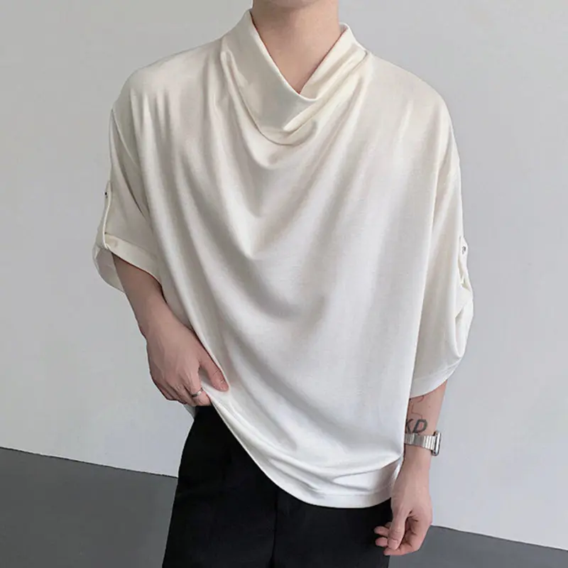 IEFB Korean Style New Chic Men's Top Loose Pile Collar White Short Sleeve T-shirt Solid Color Summer Male Tees 2025 9W3680