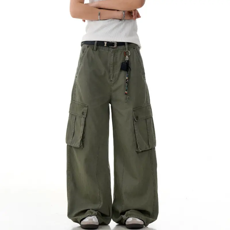 IEFB New Trendy Men's Cargo Pants Casual Multi Pockets Drape Solid Color Straight Bottom Wide Leg Male Trousers American 9W2978