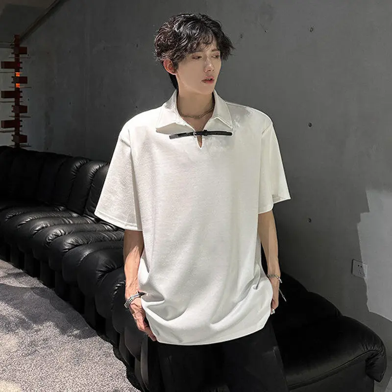 IEFB Simple Men's Casual T-shirts Turn-down Collar Belts Design Solid Color Short Sleeved Loose Shoulder Padded Male Tops 9W3487