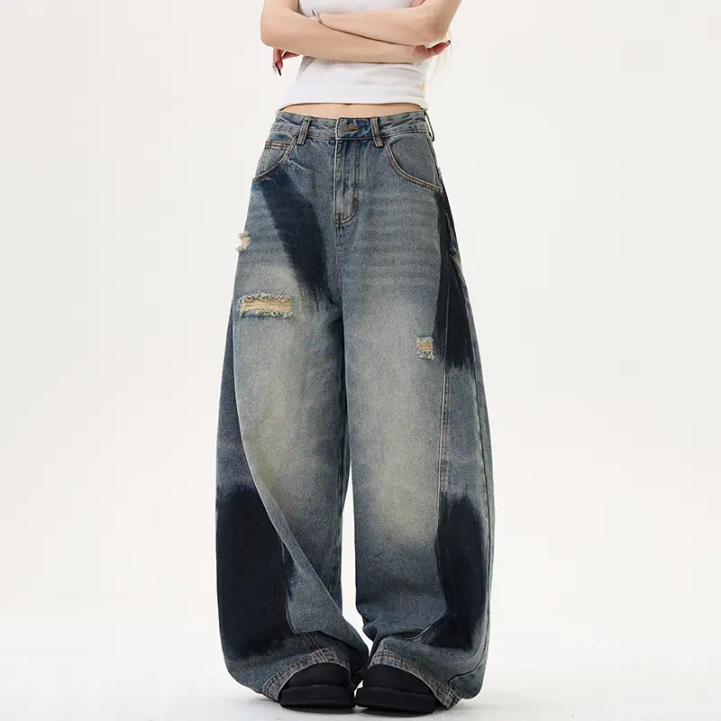IEFB High Street Men's Denim Pants Hole Design Printing Contrast Color Deconstruction Wide Leg Patchwork Loose Male Jeans 9W3944