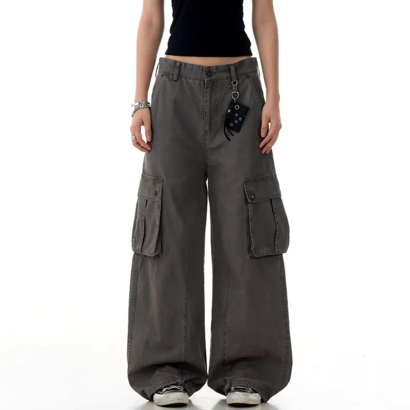 IEFB New Trendy Men's Cargo Pants Casual Multi Pockets Drape Solid Color Straight Bottom Wide Leg Male Trousers American 9W2978