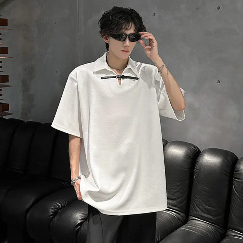 IEFB Simple Men's Casual T-shirts Turn-down Collar Belts Design Solid Color Short Sleeved Loose Shoulder Padded Male Tops 9W3487