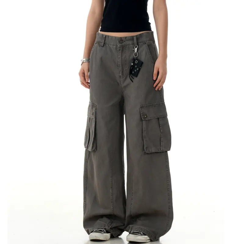 IEFB New Trendy Men's Cargo Pants Casual Multi Pockets Drape Solid Color Straight Bottom Wide Leg Male Trousers American 9W2978