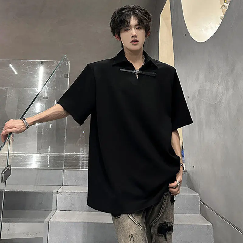 IEFB Simple Men's Casual T-shirts Turn-down Collar Belts Design Solid Color Short Sleeved Loose Shoulder Padded Male Tops 9W3487