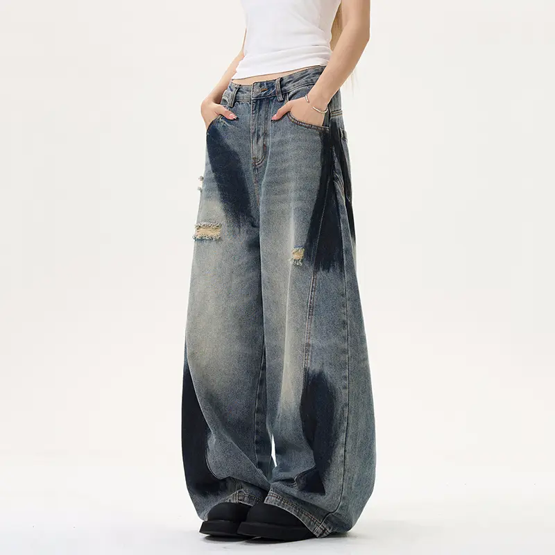 IEFB High Street Men's Denim Pants Hole Design Printing Contrast Color Deconstruction Wide Leg Patchwork Loose Male Jeans 9W3944