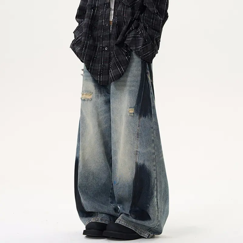 IEFB High Street Men's Denim Pants Hole Design Printing Contrast Color Deconstruction Wide Leg Patchwork Loose Male Jeans 9W3944