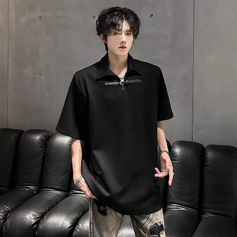 IEFB Simple Men's Casual T-shirts Turn-down Collar Belts Design Solid Color Short Sleeved Loose Shoulder Padded Male Tops 9W3487