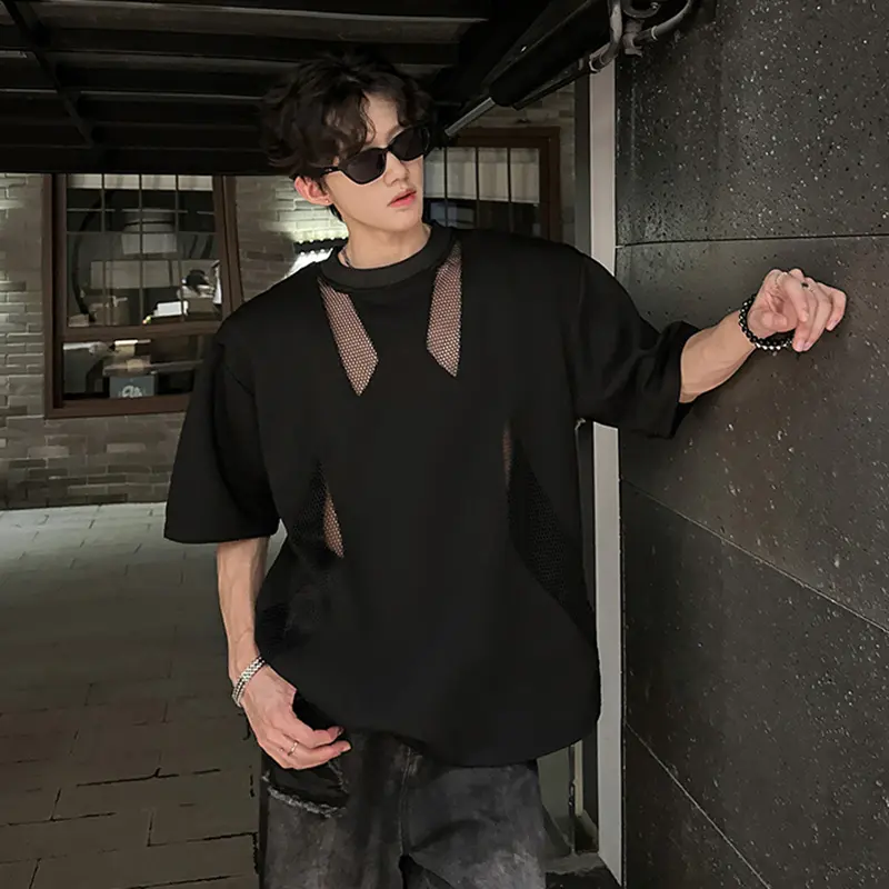 IEFB Shoulder Padded Men's T-shirt Niche Hollow Out Design Short Sleeve Mesh Patchwork Tees Summer Men Clothing New Tide 9W3310