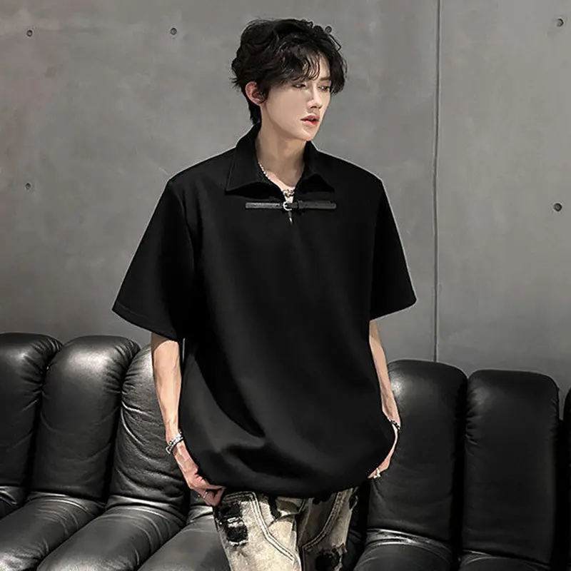 IEFB Simple Men's Casual T-shirts Turn-down Collar Belts Design Solid Color Short Sleeved Loose Shoulder Padded Male Tops 9W3487