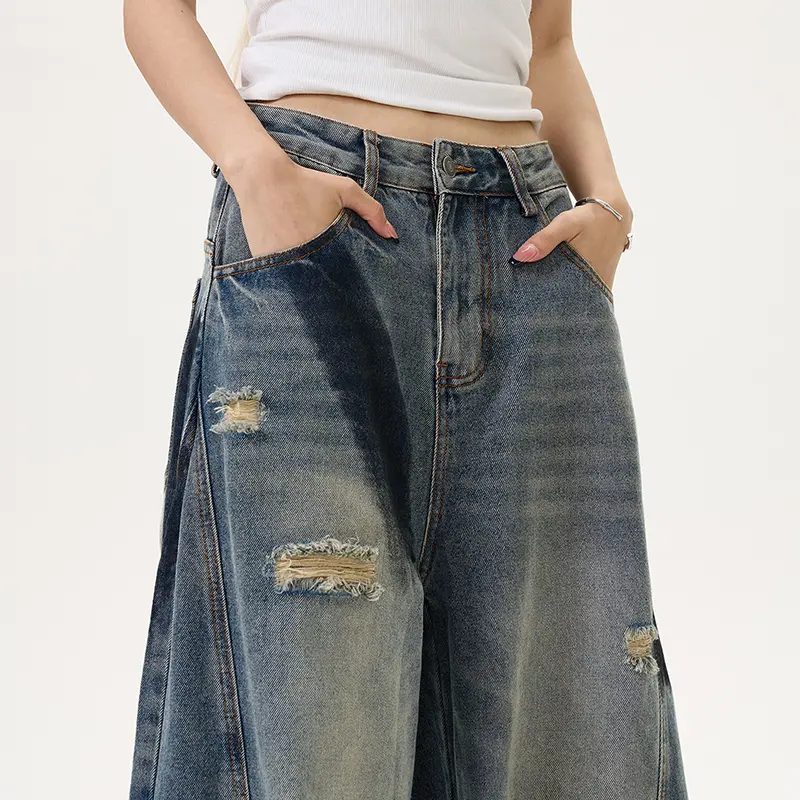 IEFB High Street Men's Denim Pants Hole Design Printing Contrast Color Deconstruction Wide Leg Patchwork Loose Male Jeans 9W3944