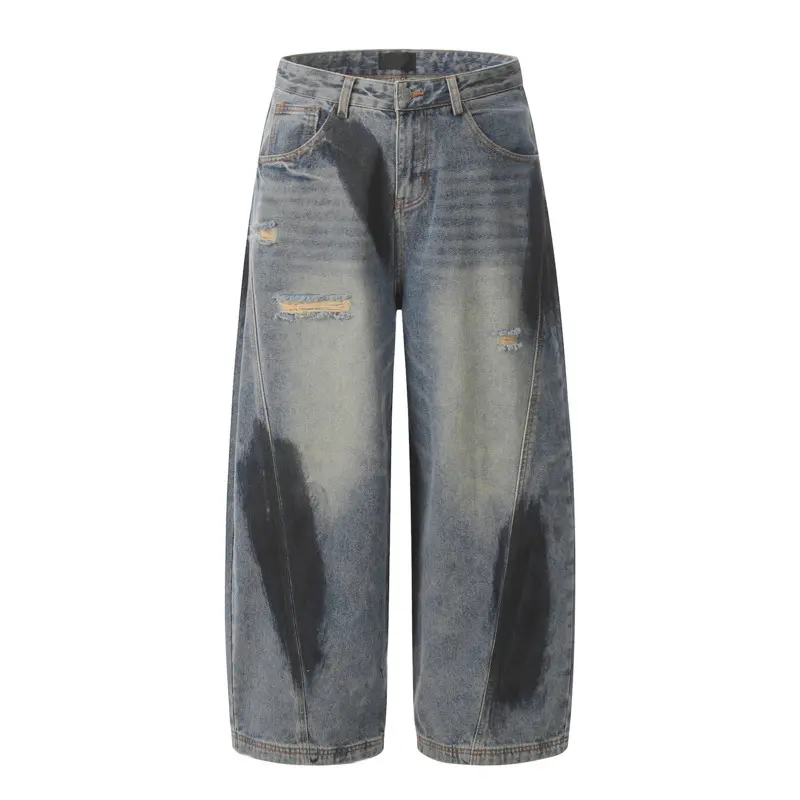 IEFB High Street Men's Denim Pants Hole Design Printing Contrast Color Deconstruction Wide Leg Patchwork Loose Male Jeans 9W3944