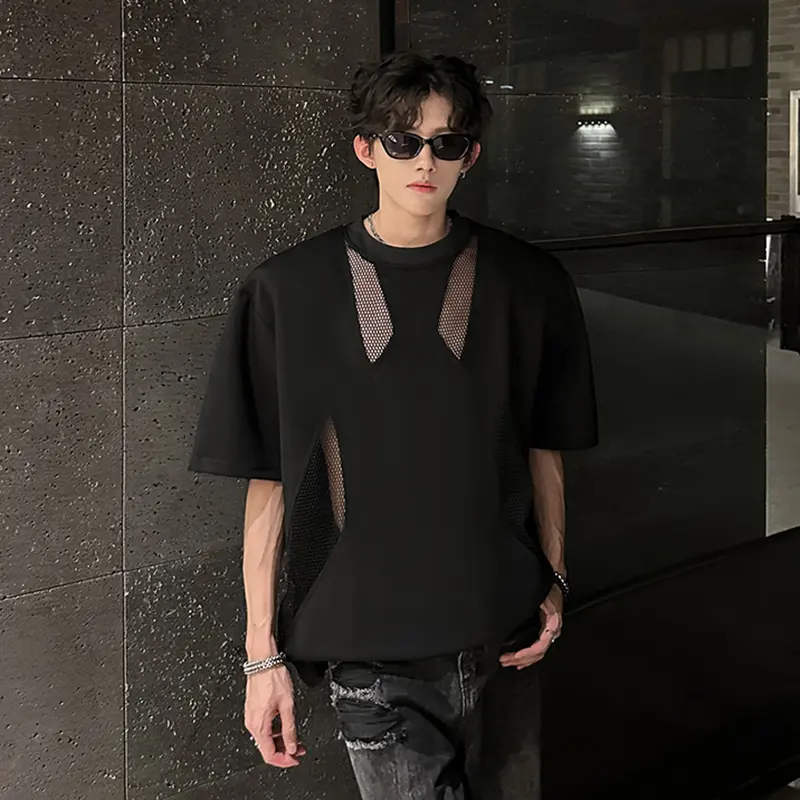 IEFB Shoulder Padded Men's T-shirt Niche Hollow Out Design Short Sleeve Mesh Patchwork Tees Summer Men Clothing New Tide 9W3310