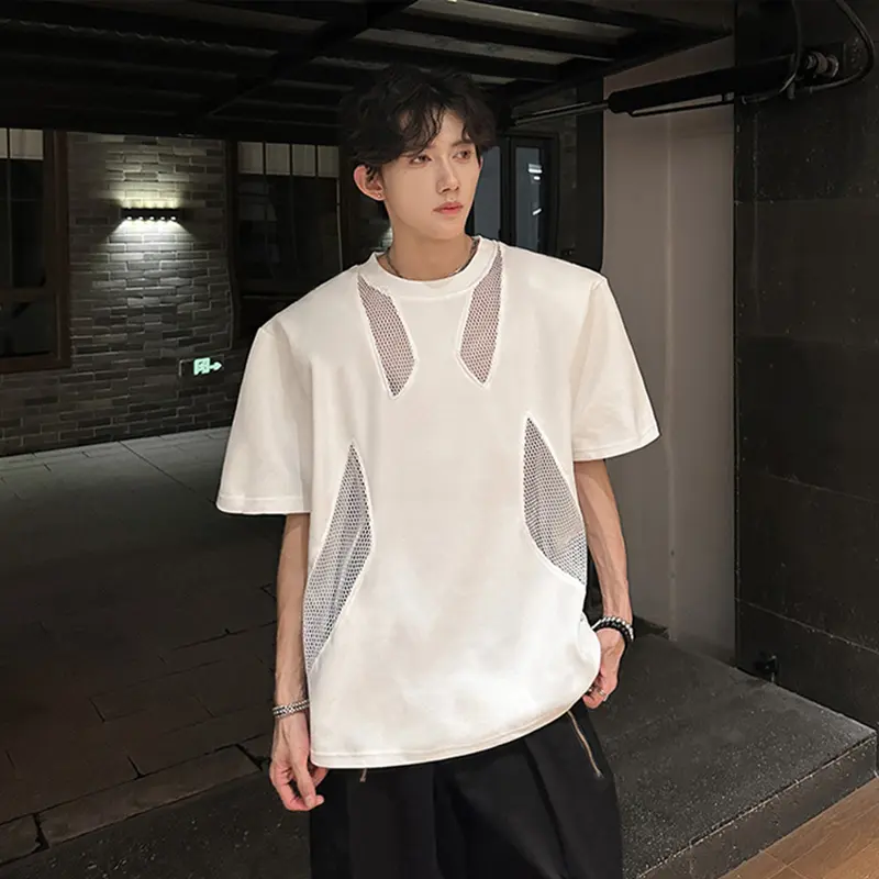 IEFB Shoulder Padded Men's T-shirt Niche Hollow Out Design Short Sleeve Mesh Patchwork Tees Summer Men Clothing New Tide 9W3310