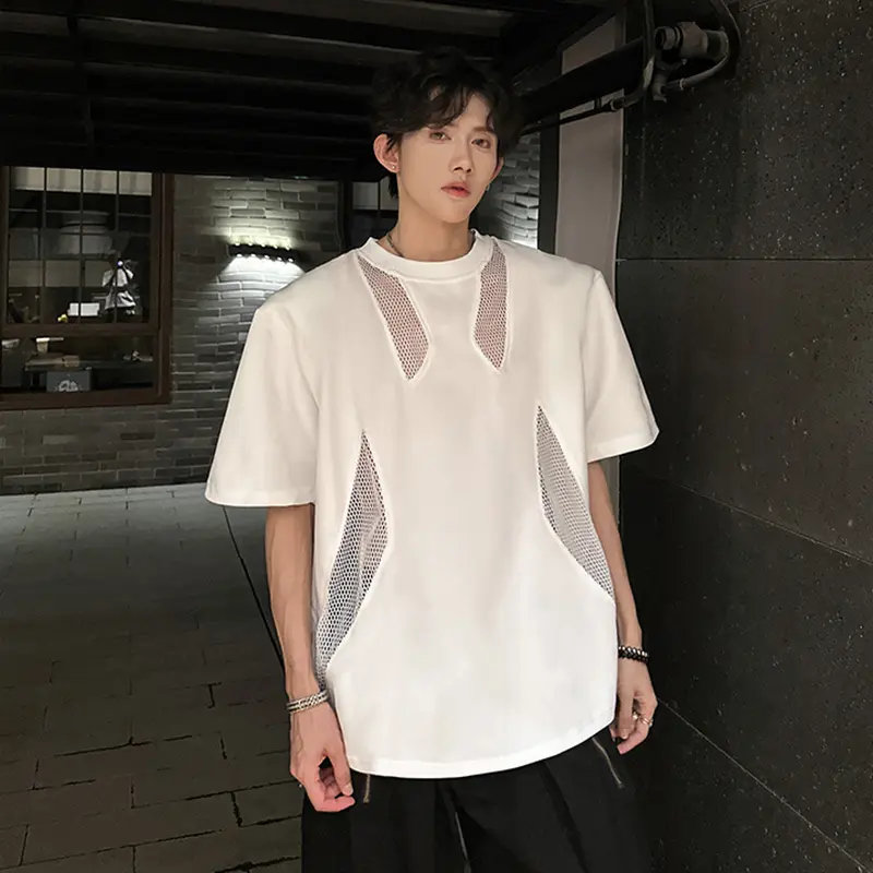 IEFB Shoulder Padded Men's T-shirt Niche Hollow Out Design Short Sleeve Mesh Patchwork Tees Summer Men Clothing New Tide 9W3310