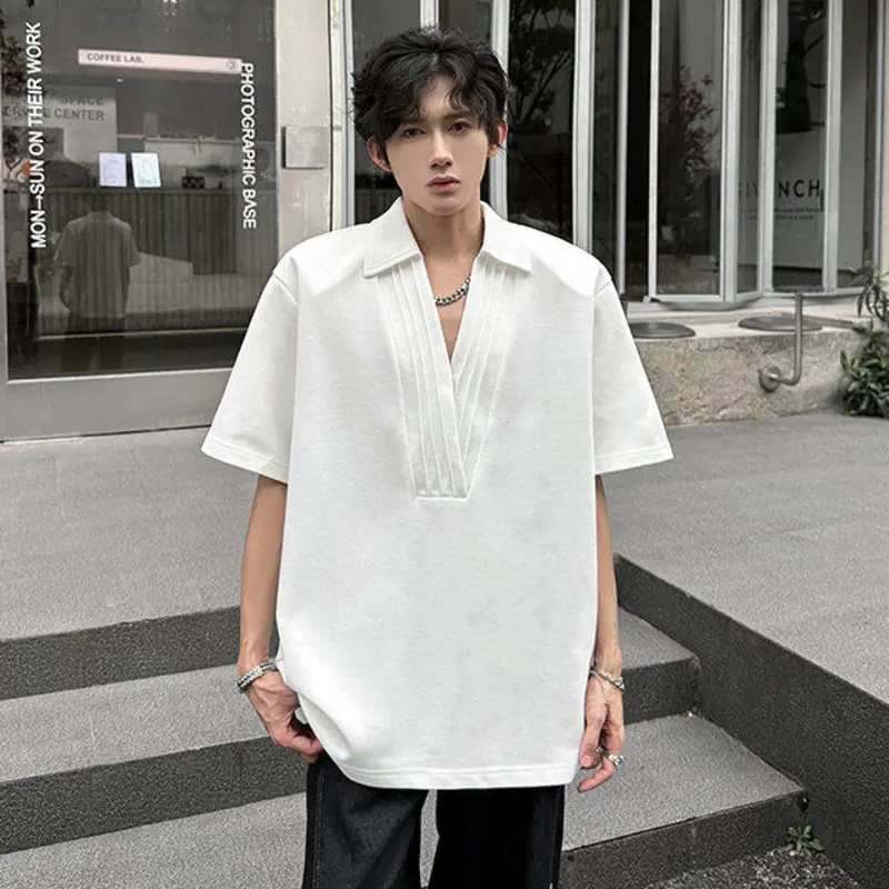 IEFB Men's Tees Turn-down Collar Korean Style Solid Color Shoulder Pads T-shirts Short Sleeved Loose Male Pullover Tops 9W3370