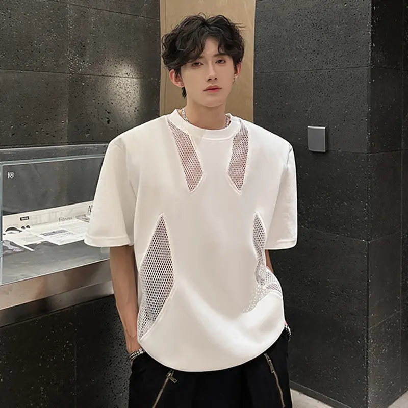 IEFB Shoulder Padded Men's T-shirt Niche Hollow Out Design Short Sleeve Mesh Patchwork Tees Summer Men Clothing New Tide 9W3310