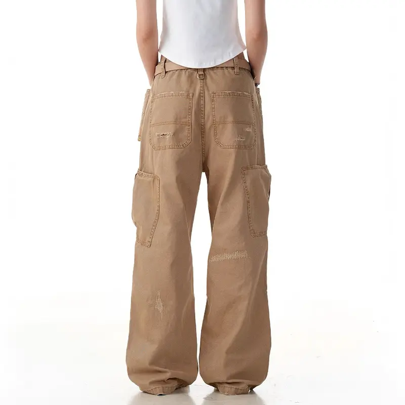 IEFB Functional Style Men's Casual Trousers Multi Pockets Pleated Design Pants New Solid Color Worn-out Loose Male Bottom 9W2897