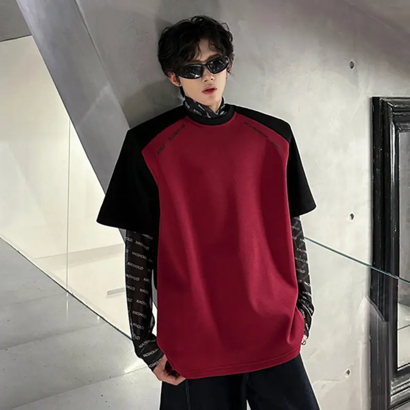 IEFB Loose Summer Trendy Men's T-shirt Short Sleeve Shoulder Pad Design Niche Contrasting Color T-shirts American Style 9W3739