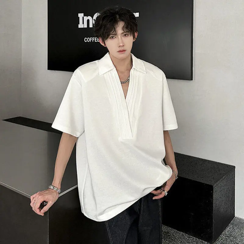 IEFB Men's Tees Turn-down Collar Korean Style Solid Color Shoulder Pads T-shirts Short Sleeved Loose Male Pullover Tops 9W3370