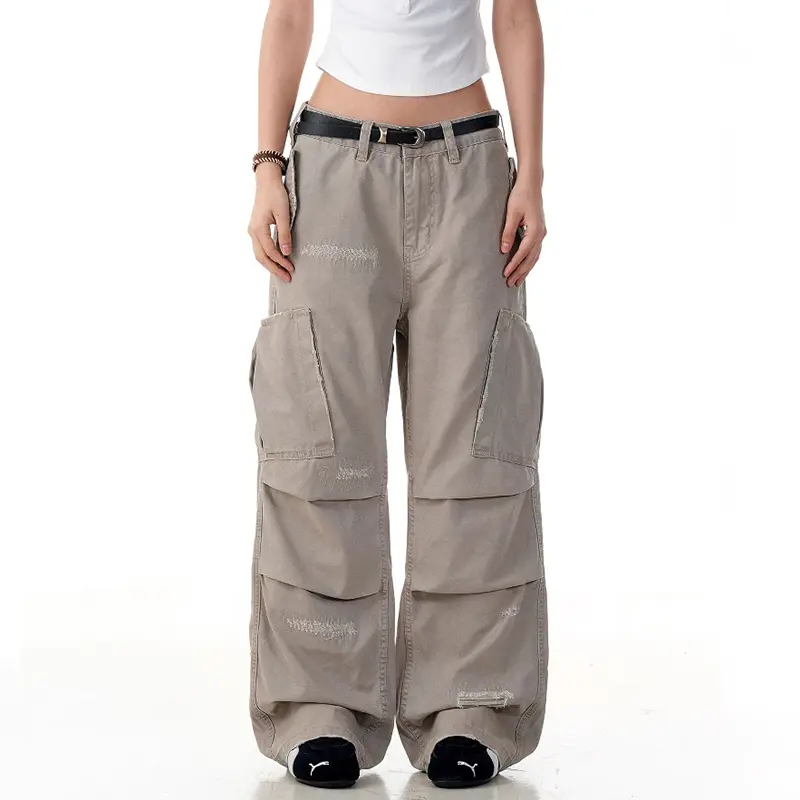IEFB Functional Style Men's Casual Trousers Multi Pockets Pleated Design Pants New Solid Color Worn-out Loose Male Bottom 9W2897