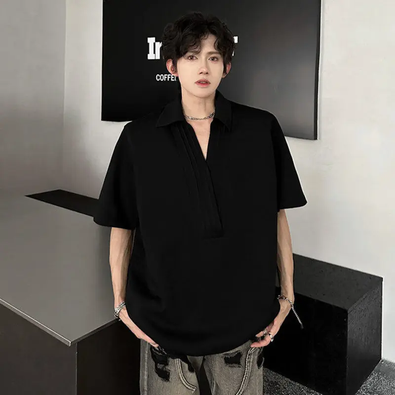 IEFB Men's Tees Turn-down Collar Korean Style Solid Color Shoulder Pads T-shirts Short Sleeved Loose Male Pullover Tops 9W3370