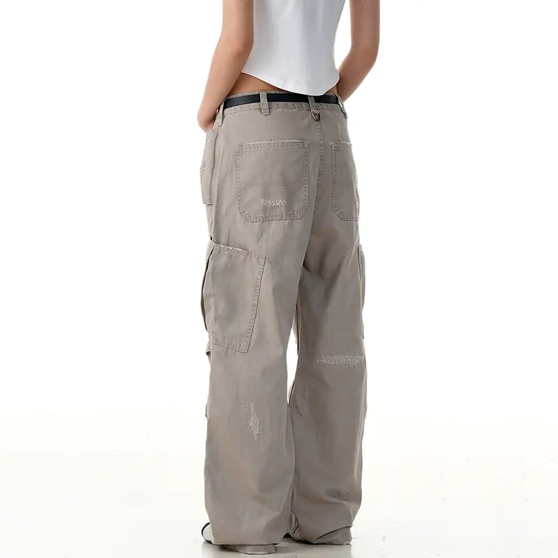 IEFB Functional Style Men's Casual Trousers Multi Pockets Pleated Design Pants New Solid Color Worn-out Loose Male Bottom 9W2897