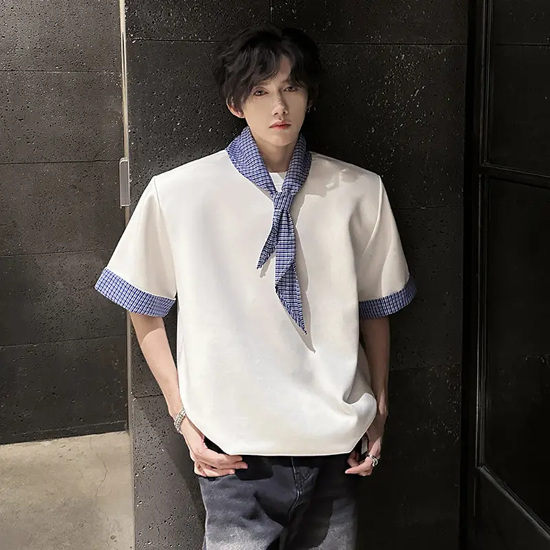 IEFB Niche Design Men's Tees O-neck Plaid Patchwork Contrast Color Short Sleeve Pullover Shoulder Pad Loose Male T-shirts 9W3855