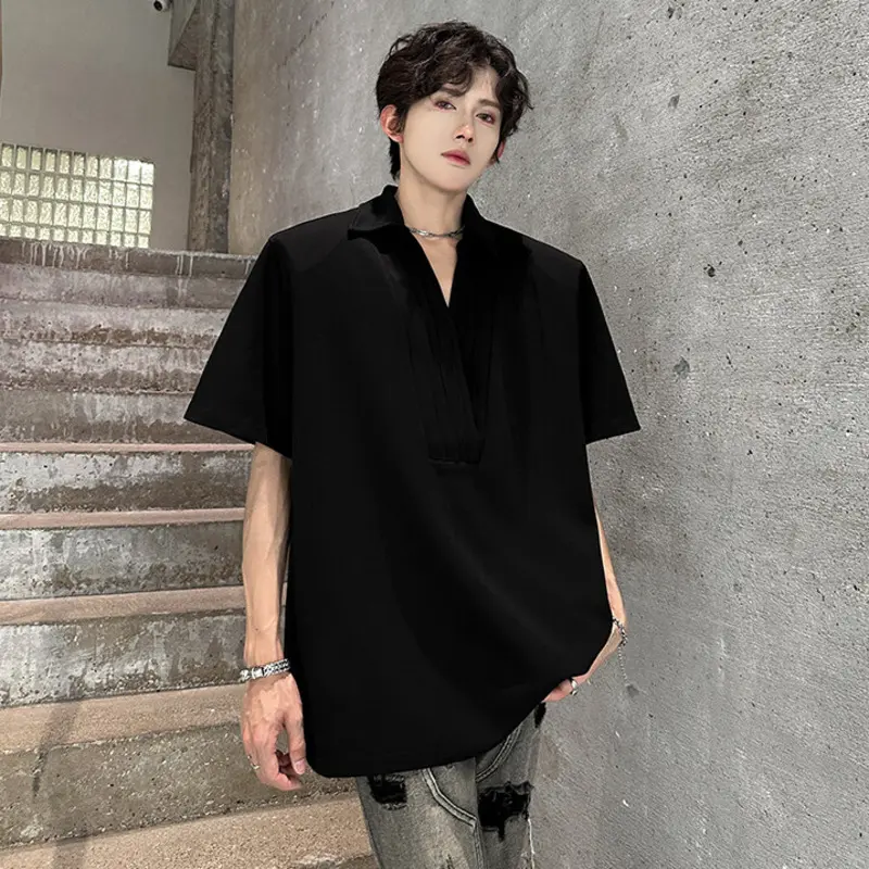 IEFB Men's Tees Turn-down Collar Korean Style Solid Color Shoulder Pads T-shirts Short Sleeved Loose Male Pullover Tops 9W3370