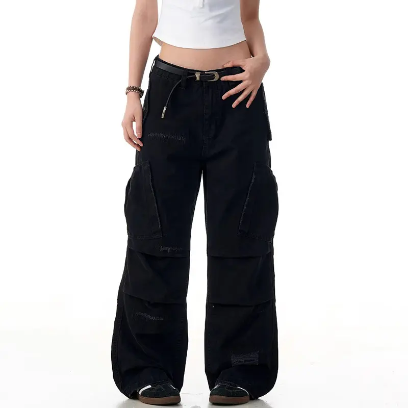 IEFB Functional Style Men's Casual Trousers Multi Pockets Pleated Design Pants New Solid Color Worn-out Loose Male Bottom 9W2897