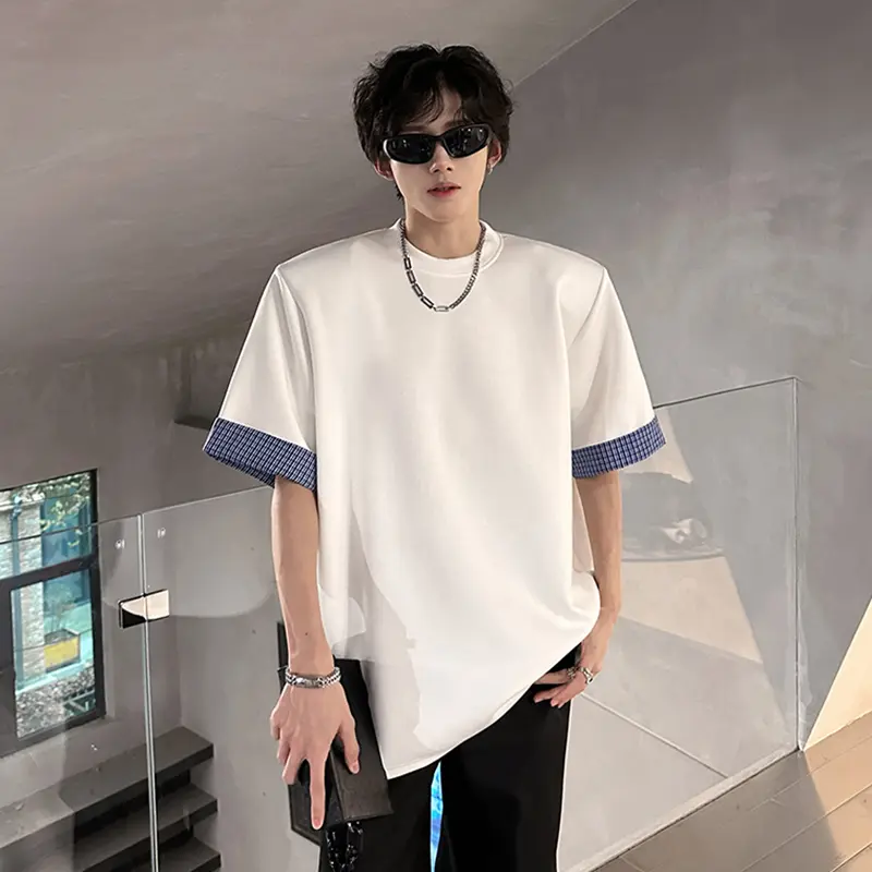 IEFB Niche Design Men's Tees O-neck Plaid Patchwork Contrast Color Short Sleeve Pullover Shoulder Pad Loose Male T-shirts 9W3855