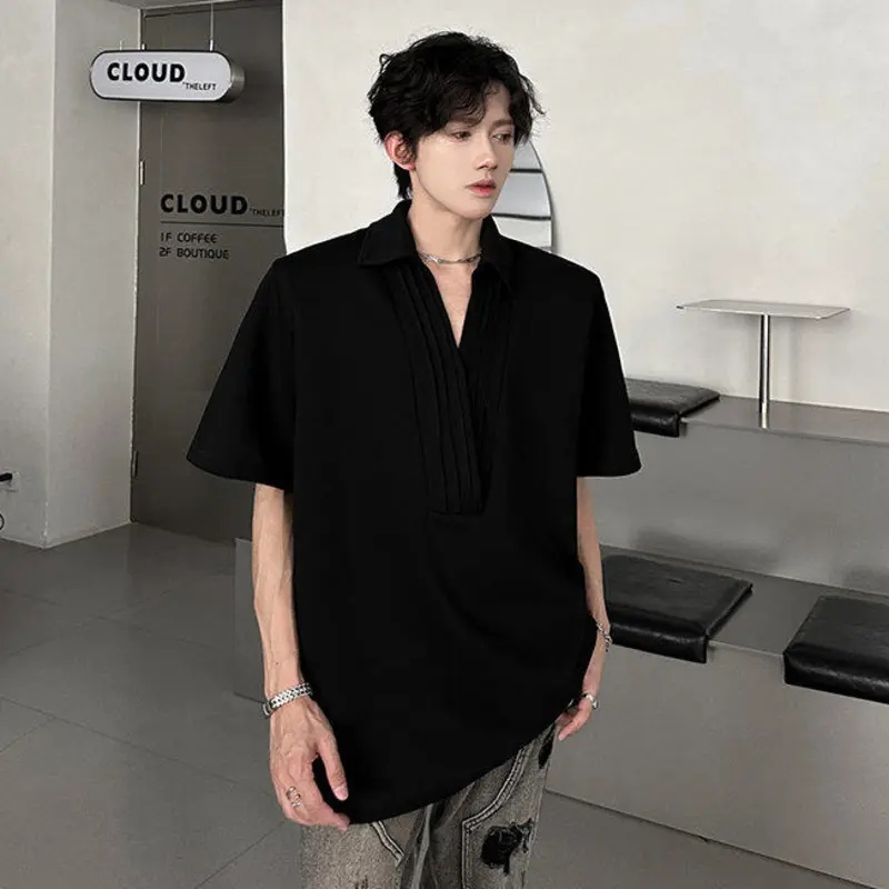 IEFB Men's Tees Turn-down Collar Korean Style Solid Color Shoulder Pads T-shirts Short Sleeved Loose Male Pullover Tops 9W3370