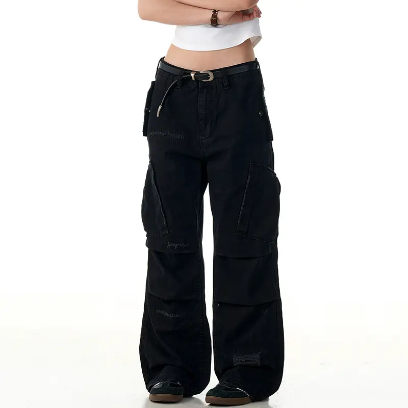 IEFB Functional Style Men's Casual Trousers Multi Pockets Pleated Design Pants New Solid Color Worn-out Loose Male Bottom 9W2897