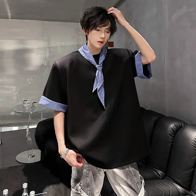 IEFB Niche Design Men's Tees O-neck Plaid Patchwork Contrast Color Short Sleeve Pullover Shoulder Pad Loose Male T-shirts 9W3855