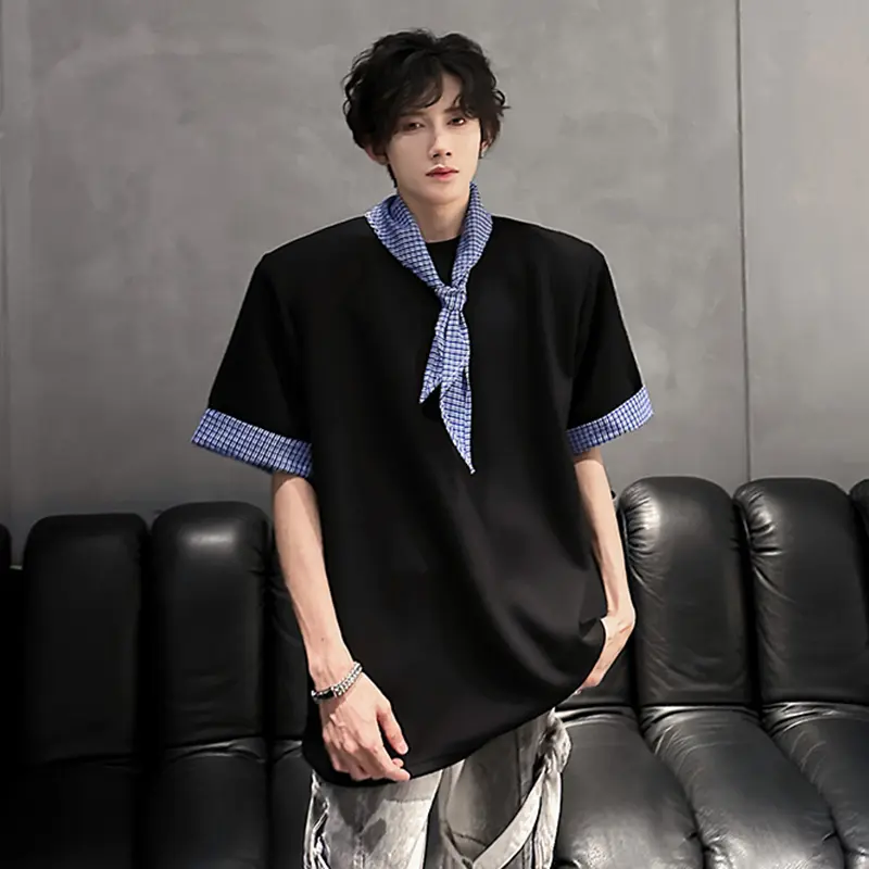 IEFB Niche Design Men's Tees O-neck Plaid Patchwork Contrast Color Short Sleeve Pullover Shoulder Pad Loose Male T-shirts 9W3855