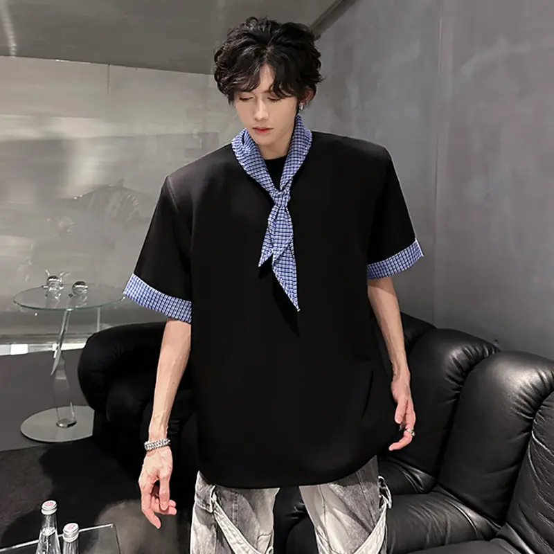 IEFB Niche Design Men's Tees O-neck Plaid Patchwork Contrast Color Short Sleeve Pullover Shoulder Pad Loose Male T-shirts 9W3855