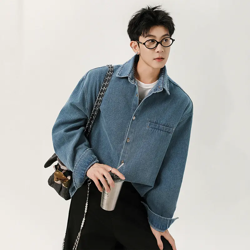 IEFB Korean Style Men's Denim Shirts Turn-down Collar Solid Color Washing Single Breasted Loose Long Sleeved Male Tops 9W4112