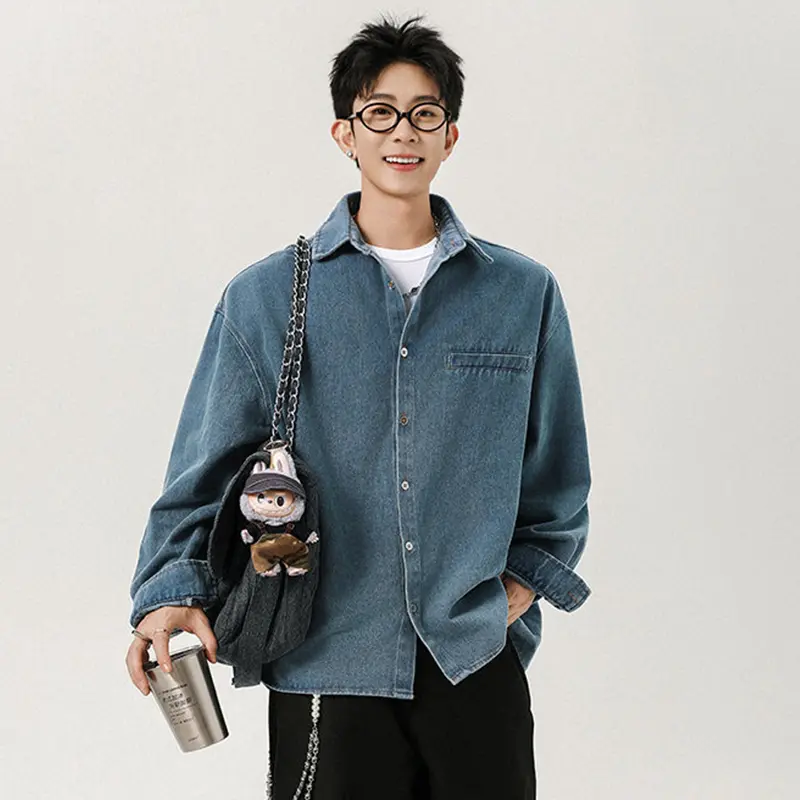 IEFB Korean Style Men's Denim Shirts Turn-down Collar Solid Color Washing Single Breasted Loose Long Sleeved Male Tops 9W4112
