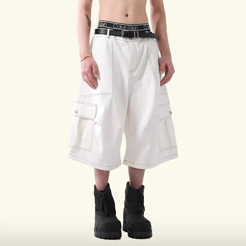 IEFB Fashion Men's Casual Shorts Solid Color Lager Pockets Cropped Trousers Summer American Style Wide Leg Male Bottom 9W3982