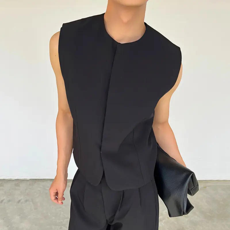 IEFB New Fashion Men's Sets Round Collar Hidden Button Design Solid Color Sleeveless Vests Wide Lg Cleanfit Male Bottom 9W3745