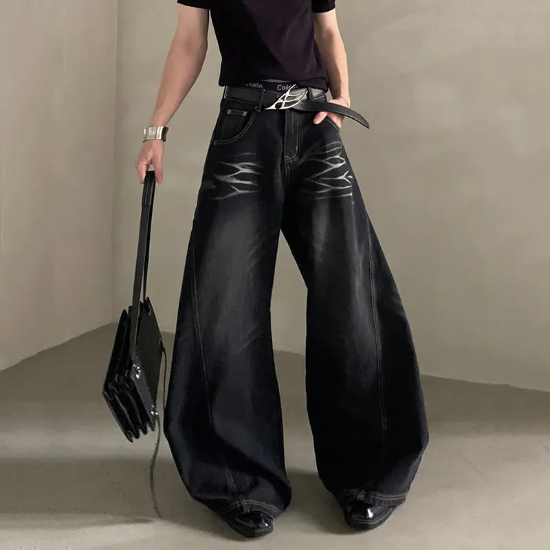 IEFB Simple Men Denim Pants Solid Color Washing Casual Wide Leg Trousers Straight All-match Loose Male Curved-knife Jeans 9W3826