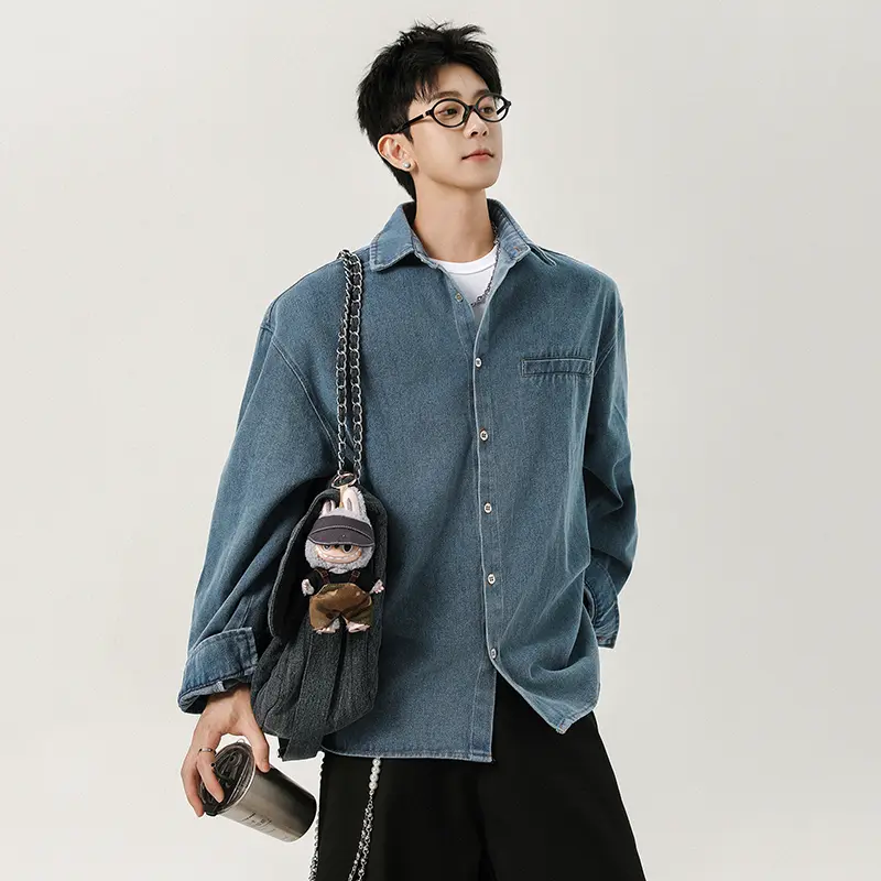 IEFB Korean Style Men's Denim Shirts Turn-down Collar Solid Color Washing Single Breasted Loose Long Sleeved Male Tops 9W4112